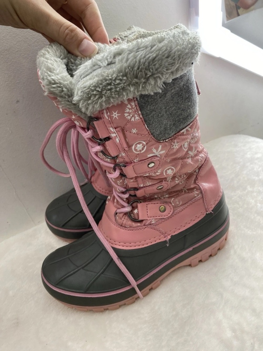 Dream Pairs Pink and Gray Kids Winter Boots with Faux Fur